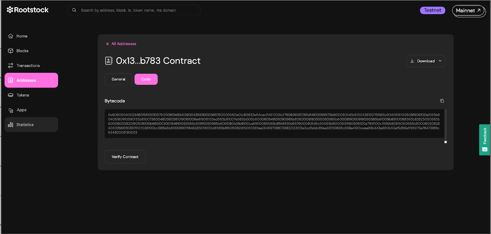 View Contract Address - Rootstock Testnet Explorer